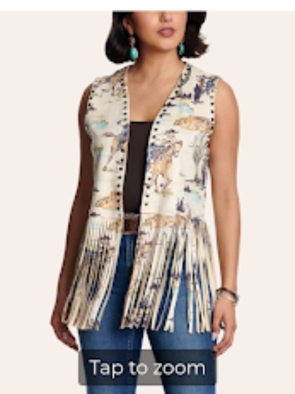 Fashion Express Women's Beige Western Print Fringe Vest NWT Size M